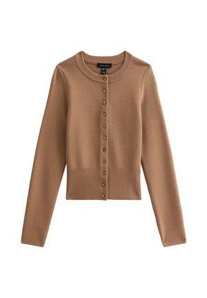 Korte, lange mouwen cardigan in een lichtbruine kleur met een ronde halslijn en zeven knopen aan de voorkant. Geribbelde zoomdetail.