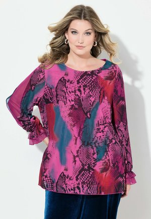 Langärmelige Bluse in lebhaftem Pink mit abstrakten schwarzen und türkisfarbenen Mustern; leichtes, fließendes Material mit Rüschendetails an den Bündchen.