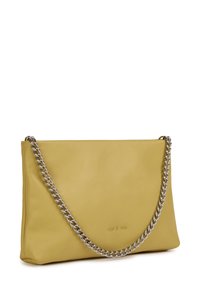 Yellow leather handbag with a smooth texture and silver chain strap. Features embossed logo on the front and a minimalist design.
