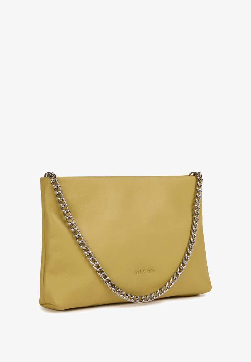 Yellow leather handbag with a smooth texture and silver chain strap. Features embossed logo on the front and a minimalist design.