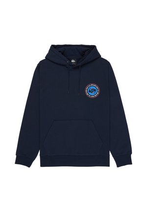 Marineblaue Kapuzenjacke aus Baumwollmischung mit großer Fronttasche und Kapuze mit Kordelzug. Rundes Logo auf der Brust in Blau und Rot.