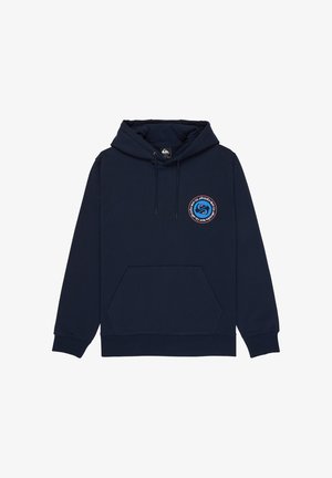 Marineblauwe hoodie gemaakt van een katoenmix, met een grote voorkantzak en een capuchon met trekkoord. Rond logo op de borst in blauw en rood.