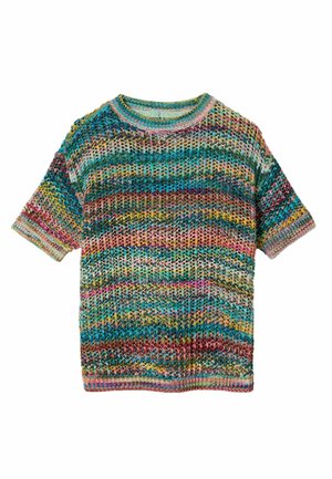 Multifarvet kortærmet strikket sweater med et tekstureret mønster bestående af vandrette striber i turkis, pink, gul og brune nuancer.