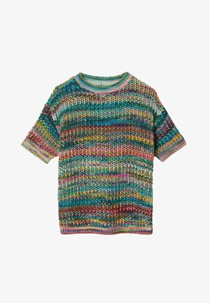 Mehrfarbiger kurzärmeliger Strickpullover mit einem strukturierten Muster, das horizontale Streifen in Türkis-, Pink-, Gelb- und Brauntönen zeigt.