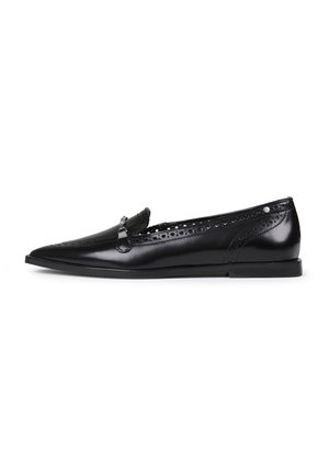 Black leather flat loafers with a pointed toe, decorative cutouts, and a silver accent strap across the instep. Smooth, polished finish.