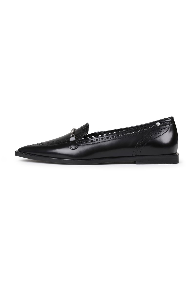 Black leather flat loafers with a pointed toe, decorative cutouts, and a silver accent strap across the instep. Smooth, polished finish.