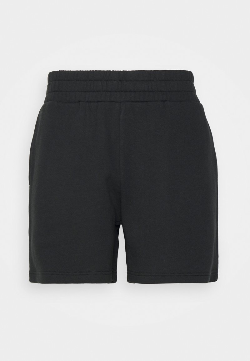 Shorts noirs décontractés avec taille élastique et poches latérales sur fond blanc uni.