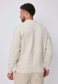 Pull en tricot beige clair avec un design texturé, ourlet et poignets côtelés, et coupe décontractée, présenté de dos.