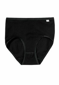 Schwarze Baumwollslips mit hohem Schnitt, ausgestattet mit einer glatten Textur und einem kontrastierenden elastischen Bund. Keine sichtbaren Muster oder Akzente.