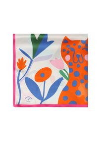 Svilena ruta z oranžnim mačkom z modrimi madeži, obdana s pisanim cvetjem v odtenkih zelene, roza in oranžne, z roza robom.