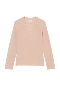 Pull rose clair en maille avec col en V, manches longues et texture côtelée. Comprend un design à manches raglan et une coupe décontractée.