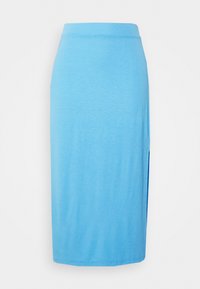 Himmelblaue, knielange Rock aus glattem Stoff, mit einem schlichten Design und einem seitlichen Schlitz für mehr Bewegungsfreiheit.