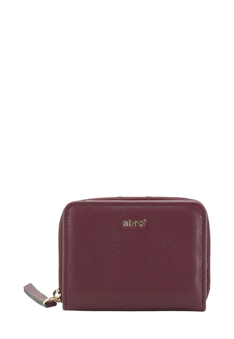 Compact dark burgundy leather wallet with gold zipper and small gold brand logo on front.