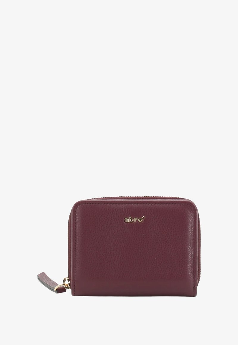 Compact dark burgundy leather wallet with gold zipper and small gold brand logo on front.