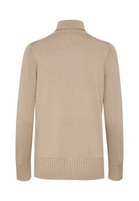 Maglione beige a maglia con colletto alto, polsini e orlo a coste. Texture morbida e vestibilità rilassata, progettato per il comfort e per essere indossato a strati.