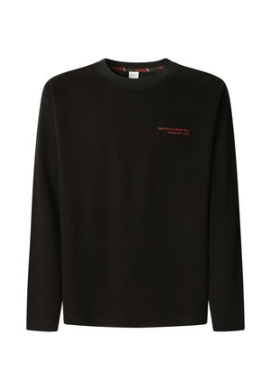 Zwarte longsleeve in katoenmix; voorzien van een ronde hals en rode borduursel met de tekst: "Born to be a Rock Star, Forced to work."