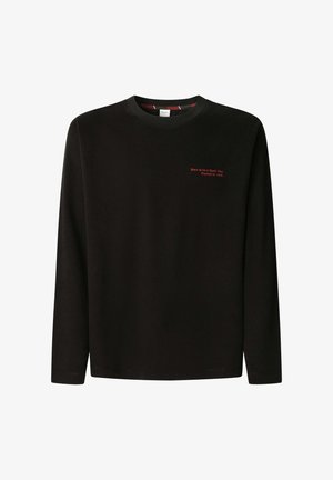 Zwarte longsleeve in katoenmix; voorzien van een ronde hals en rode borduursel met de tekst: "Born to be a Rock Star, Forced to work."