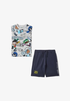 Haut graphique sans manches Teen Titans Go! avec short bleu doté d'une taille à cordon et patch "Truth Justice Pizza" ainsi que texte sur la jambe.