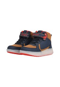 Høje sneakers med marineblå og lysebrun syntetisk overdel, orange accenter, velcrorem og struktureret hvid sål med røde detaljer.