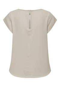 Beige top s krátkým rukávem a oválným výstřihem, vyrobený z látky se zigzagovým vzorem. Obsahuje zip na zadní straně pro snadné oblékání.