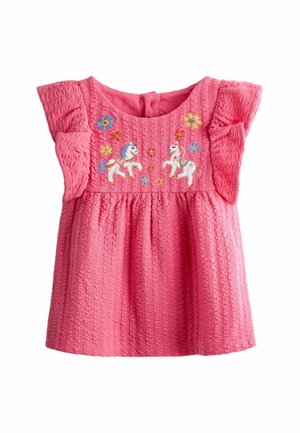 Pink toddler dress with textured fabric, flutter sleeves, and embroidered white ponies surrounded by colorful flowers on the chest.