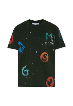 Zwarte katoenen T-shirt met meerkleurige cirkelvormige logo's en abstracte ontwerpen. Ronde hals en korte mouwen met een relaxte pasvorm.