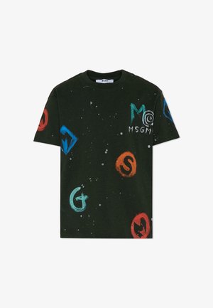 Czarny t-shirt bawełniany z wielokolorowymi okrągłymi logo i abstrakcyjnymi wzorami. Okrągły dekolt i krótkie rękawy w luźnym kroju.