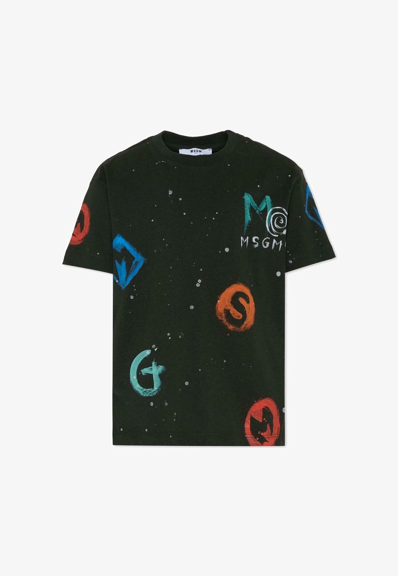 Czarny t-shirt bawełniany z wielokolorowymi okrągłymi logo i abstrakcyjnymi wzorami. Okrągły dekolt i krótkie rękawy w luźnym kroju.