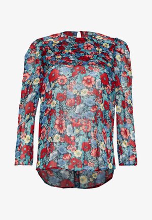 Blusa floreale in tessuto trasparente con fiori rossi, blu e gialli. Caratterizzata da maniche lunghe, collo rotondo e design con apertura a chiave sul retro.