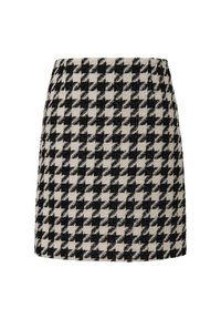Mini-jupe droite à motif pied-de-poule noir et blanc avec tissu texturé, présentée sur un fond blanc.