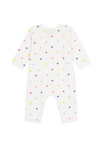Λευκή βρεφική ολόσωμη φόρμα με μακριά μανίκια, διακοσμημένη με σχέδιο από μικρές, πολύχρωμες καρδιές σε κόκκινο, ροζ, κίτρινο, μπλε και μοβ.