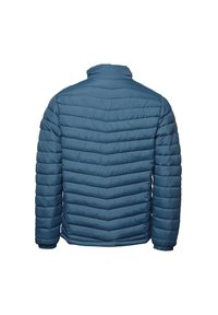Veste matelassée bleue vue de dos avec motif chevron et manches longues.