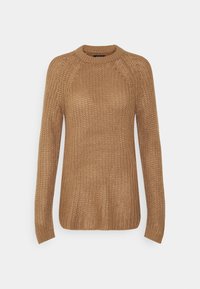 Strickpullover in Hellbraun mit Rundhalsausschnitt, langen Ärmeln und einem strukturierten Muster. Das Material scheint weich und bequem zu sein.