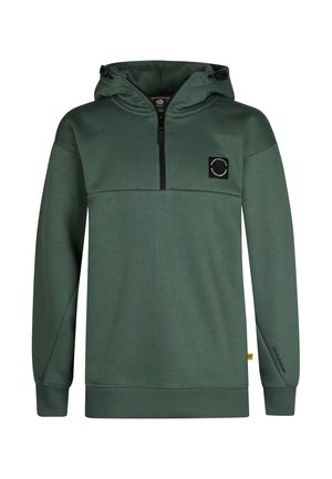 Groene sweatshirt met capuchon, kwart ritssluiting, gestikt zaklogo, ribgebreide manchetten en zoom. Gemaakt van gladde stof met een zachte textuur.