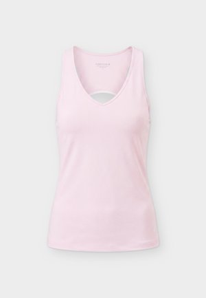 Canotta sportiva rosa chiaro senza maniche con scollo a V e piccolo logo del marchio vicino all'orlo, mostrata su sfondo semplice.