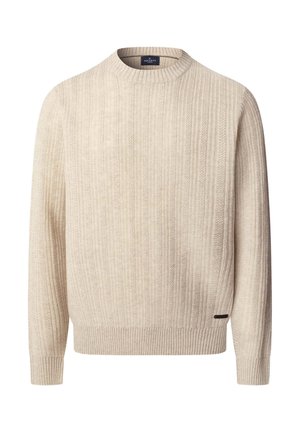Béžový žebrovaný svetr s kulatým výstřihem, dlouhými rukávy a strukturovaným vzorem, s malým logem v levém dolním rohu.