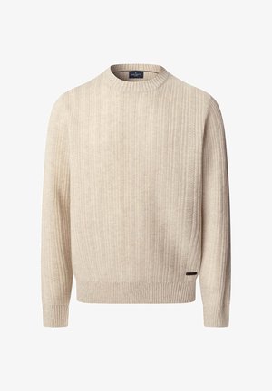 Beige geribbelde trui met een ronde hals, lange mouwen en een geaccentueerd patroon, met een klein logo aan de onderkant links.