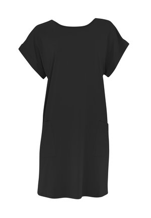 Melnas īsām piedurknēm kleita, kas izgatavota no mīkstas auduma, ar brīvu piegriezumu, apaļu kakla izgriezumu un divām priekšējām kabatām.