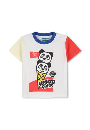 Wit katoenen T-shirt met korte mouwen, blauwe halslijn, rood en geel accent, met een pandagrafiek en de tekst "KENZO PARIS".