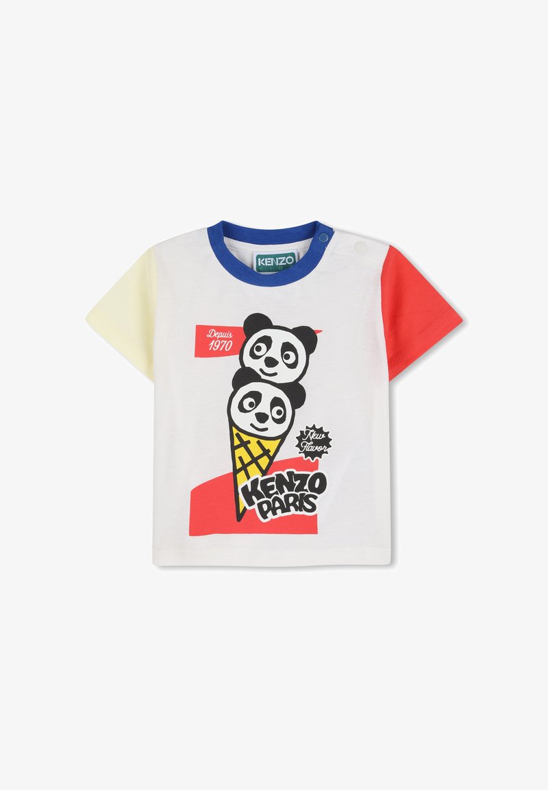 T-shirt en coton blanc à manches courtes, col bleu, accents rouges et jaunes, avec un motif de panda et le texte "KENZO PARIS".