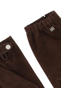 Pantaloni din suede maro cu un waistband elastic, având un buton argintiu și detalii cu logo. Textură moale și design ajustat.