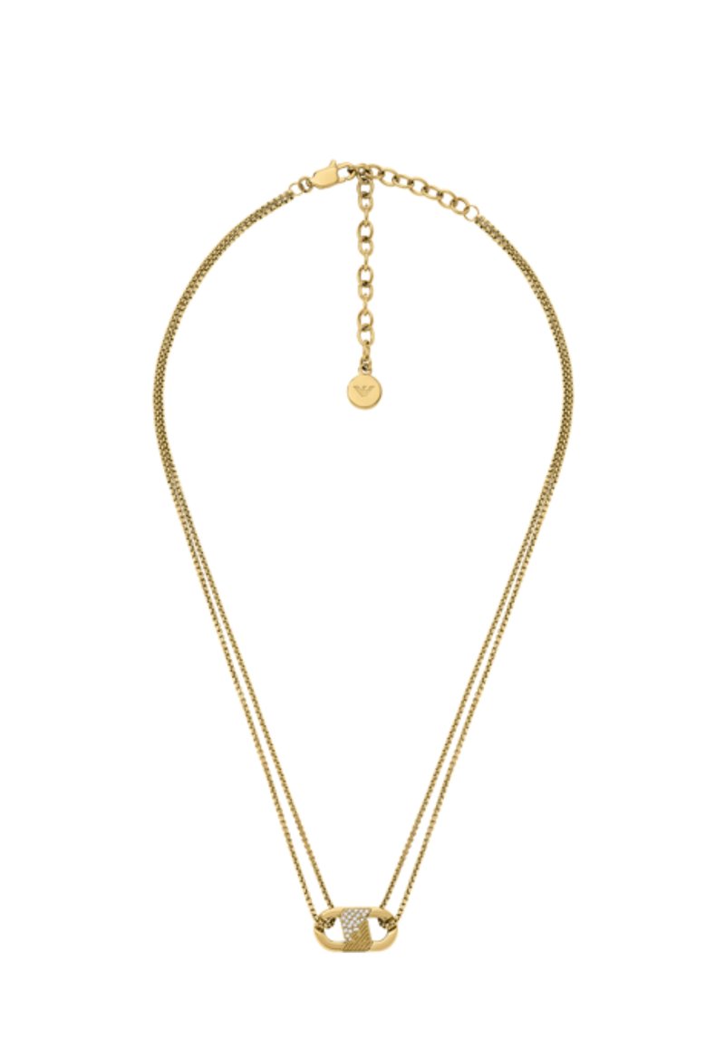 Collar de oro que presenta dos cadenas, un colgante central texturizado con diseño de malla, y un cierre ajustable con etiqueta de logo.