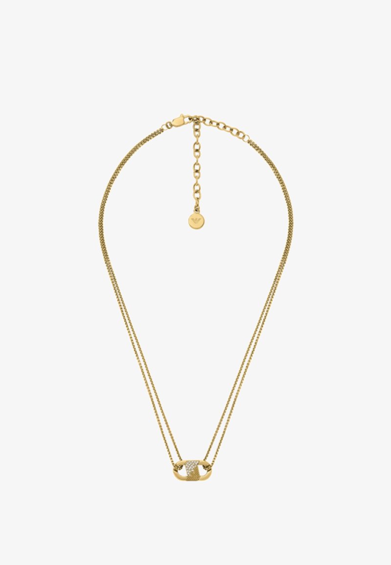 Zlatý náhrdelník s dvojitými řetízky, texturovaným centrálním přívěskem s mřížkovým vzorem a nastavitelným zapínáním s logem.