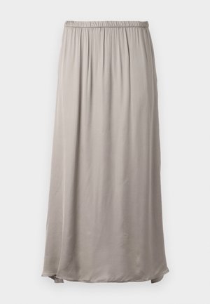 Lang, beige nederdel lavet af blød, letvægtsstof med elastisk talje, der har et flydende design og en subtil glans.
