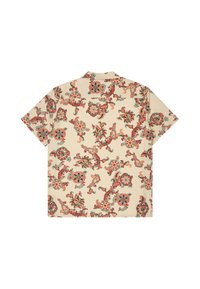 Μπεζ πουκάμισο με κοντά μανίκια και γιακά, με κόκκινο, πορτοκαλί και μπλε φλοράλ μοτίβο πεϊσλί σε όλο το ύφασμα.