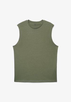 Maglietta senza maniche verde oliva, tessuto leggero, scollo rotondo, taglio dritto, senza motivi, dettagli di cucitura minimali.