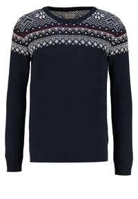 Marineblauwe gebreide trui met lange mouwen, ronde hals en een geometrisch patroon in het wit en bordeauxrood over de borst en schouders.