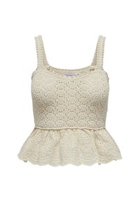 Top peplum de crochet en color blanco roto con detalle de encaje, tirantes anchos y parte inferior acampanada; patrones texturizados y dobladillo con bordes ondulados.