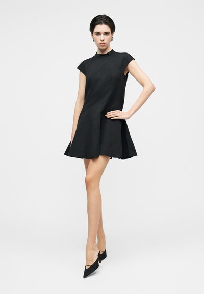 Juoda suknelė be rankovių su aukštu kaklu, išplatinta suknele ir siuvimo detalėmis. Dėvima su juodais bateliais su smailiu priekiniu galu ant paprasto fono.