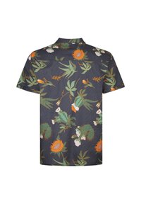 Chemise à manches courtes présentant un fond sombre avec des motifs floraux et de cactus vibrants en vert et orange. Col boutonné, coupe décontractée.